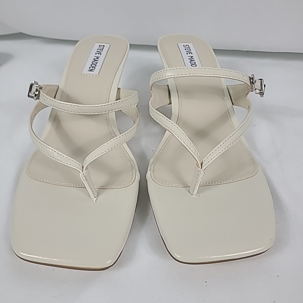 NEW Steve Madden Samann Sandals Women Bone Square Toe Spool Heel Sz 9.5 Heel 2.5 - Picture 2 of 6
